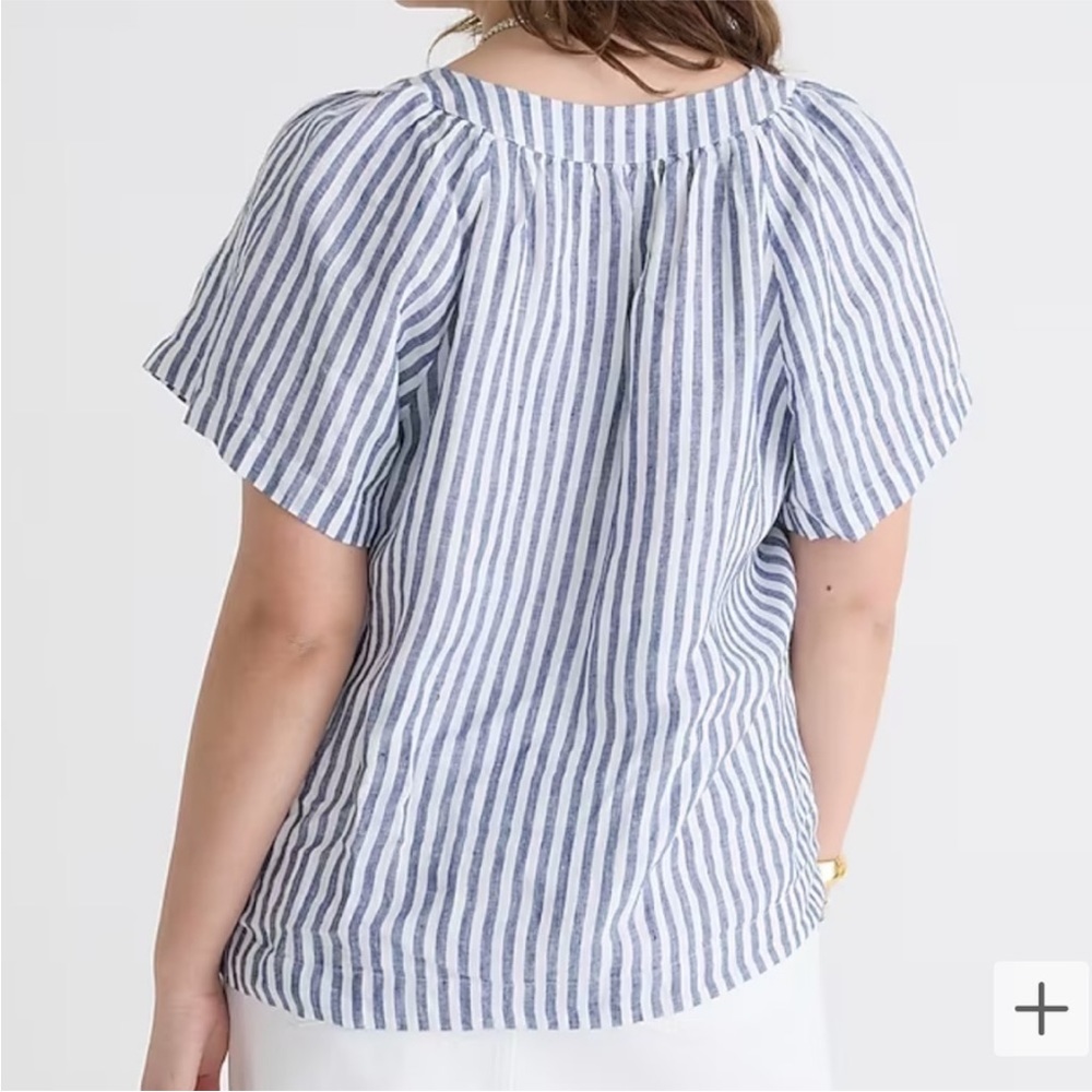 J Crew Flutter Sleeve V Neck Linen Top Navy Blue White Stripes- Size Small - Picture 3 of 12